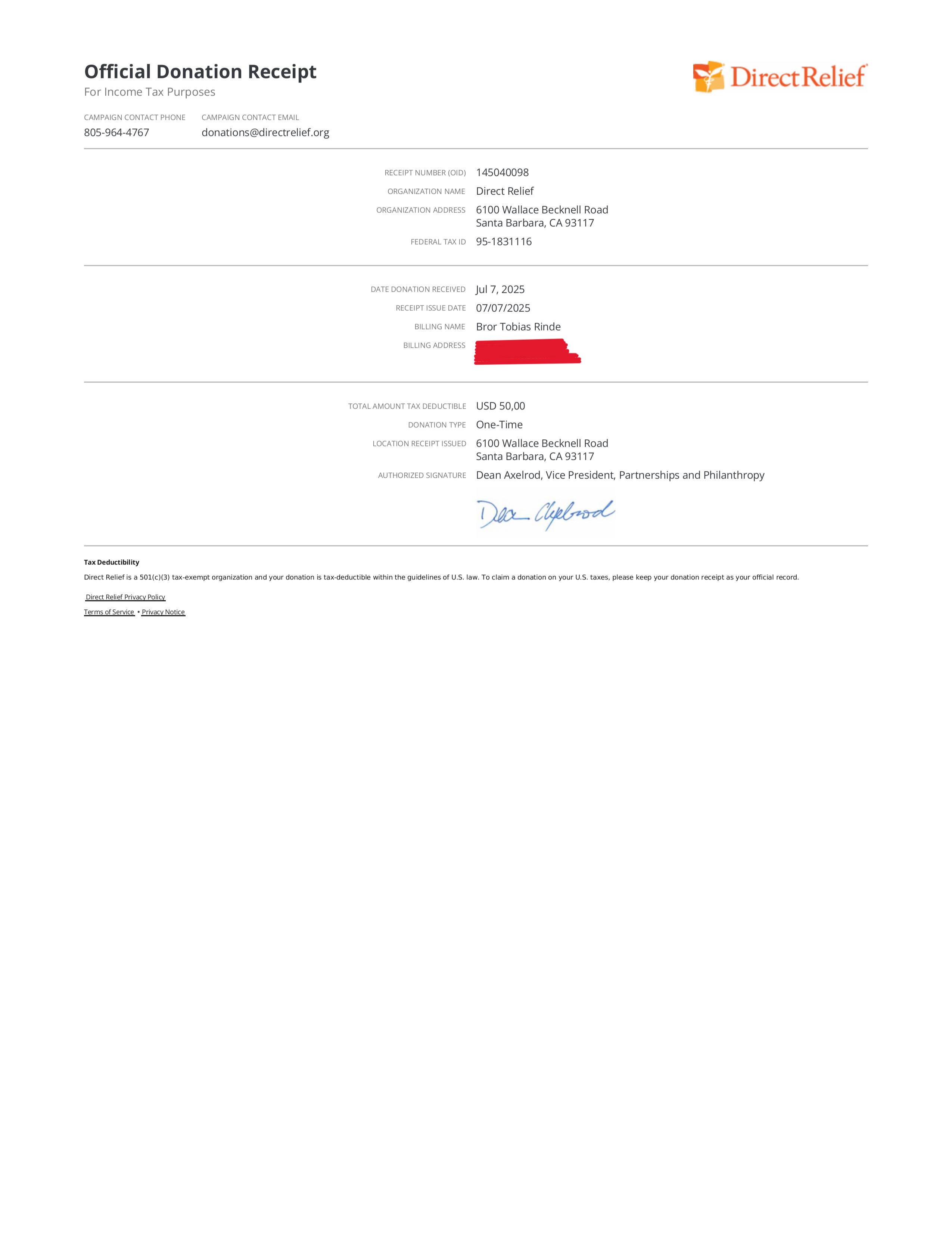 DirectRelief donation receipt