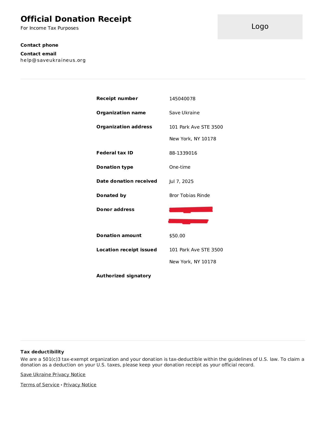 Save Ukraine donation receipt