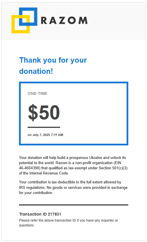 Razom Ukraine donation receipt