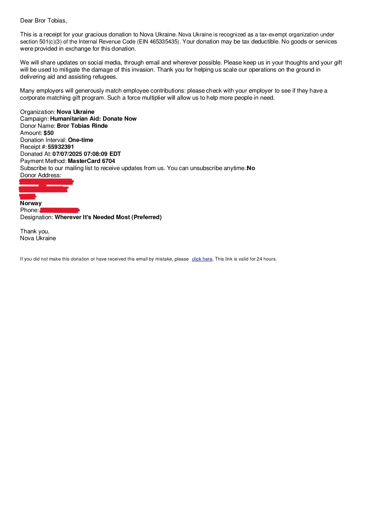 Nova Ukraine donation receipt